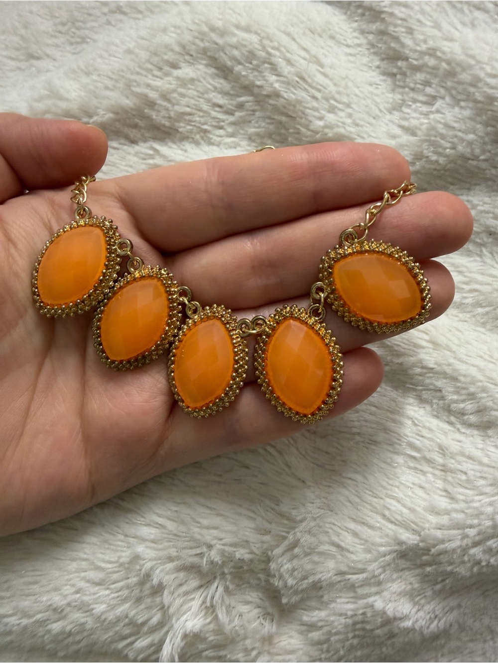 Gold-Tone Orange Statement Necklace - Bold Faceted Cabochons